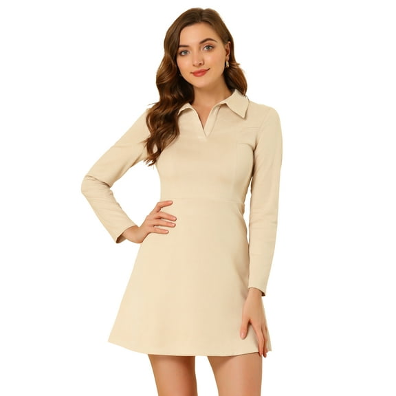 DARING DIVA Faux Suede Lapel Neck Long Sleeve A-Line Dress L Beige