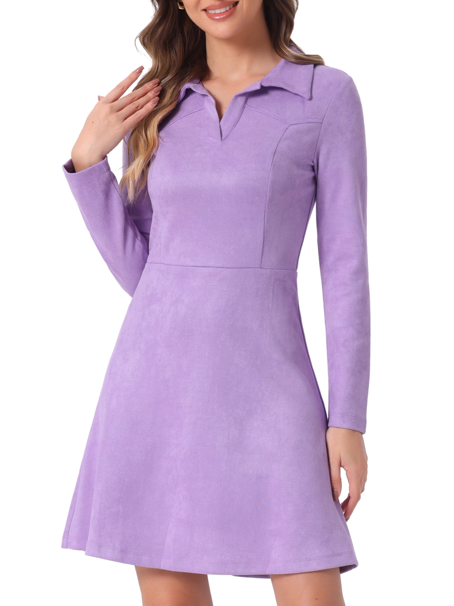 DARING DIVA Faux Suede Lapel Neck Long Sleeve A-Line Dress L Purple