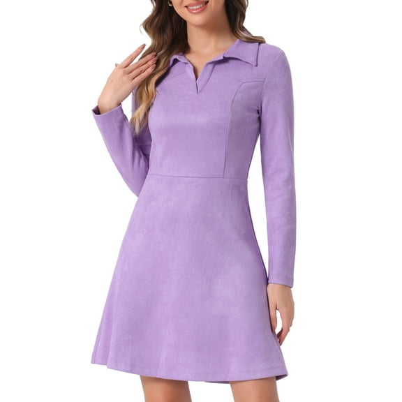 DARING DIVA Faux Suede Lapel Neck Long Sleeve A-Line Dress S Purple