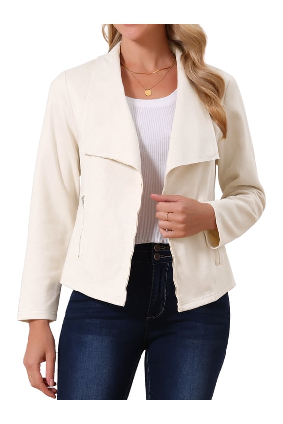 Faux Suede Long Sleeve Open Front Cropped Coat L Beige