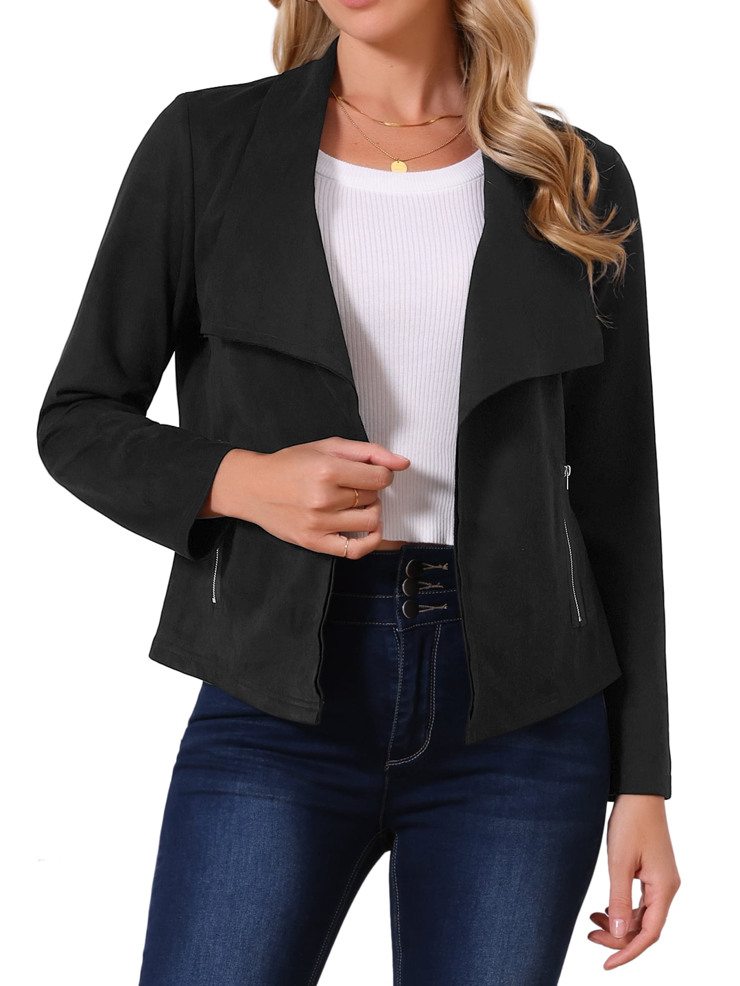 DARING DIVA Women's Faux Suede Long Sleeve Open Front Cropped Coat M Black