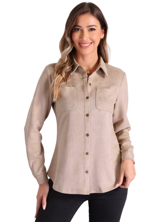 Women's Button Down Long Sleeve Blouse Casual Spring Fall S Beige