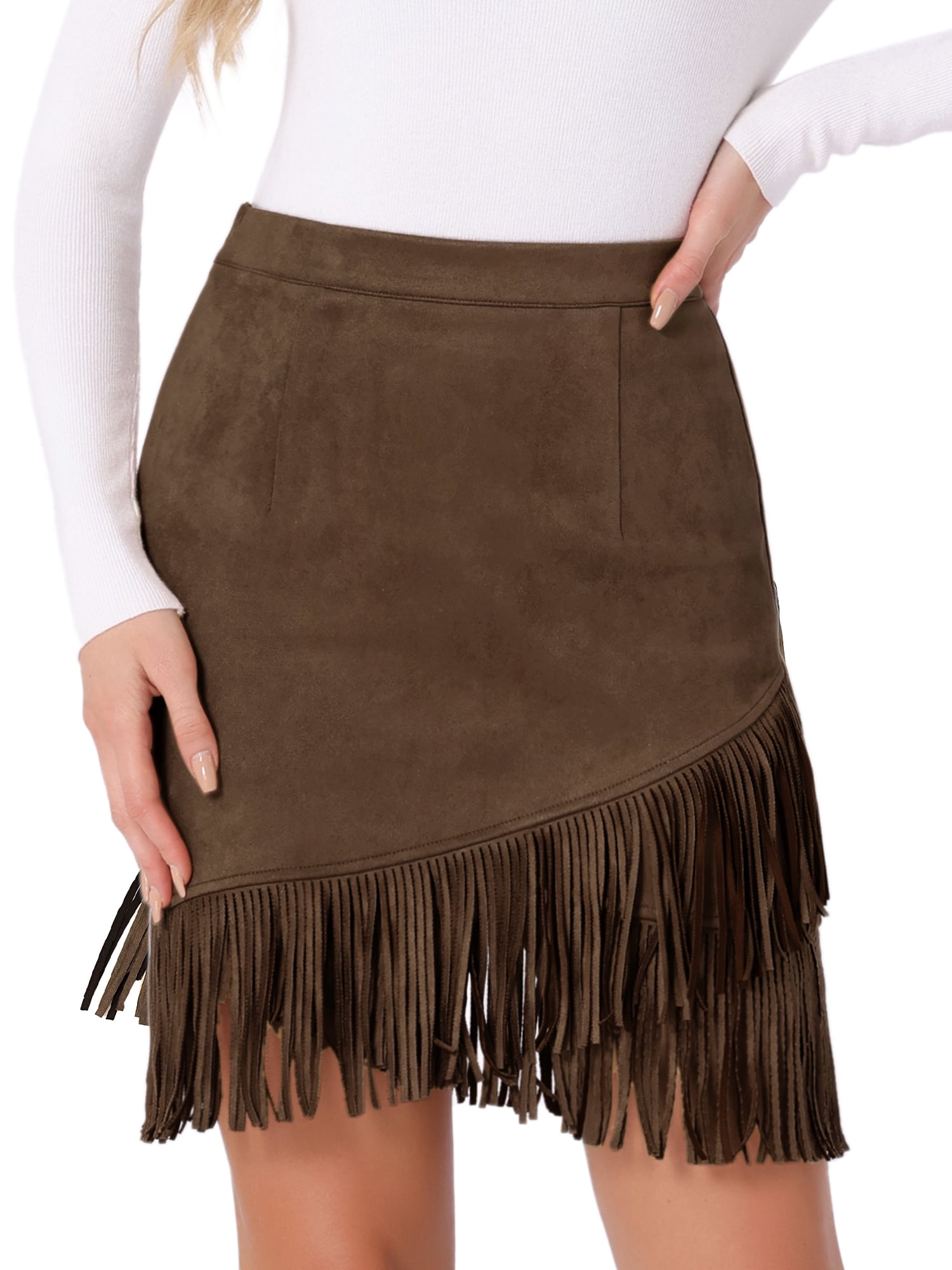 DARING DIVA Faux Suede Skirt for Women's Vintage High Waist Stretch Bodycon L Dark Brown