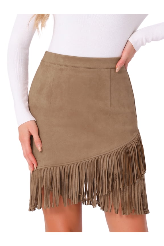 Faux Suede Skirt for Women's Vintage High Waist Stretch Bodycon M Camel
