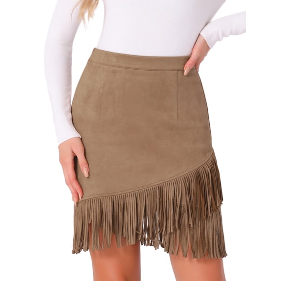 DARING DIVA Faux Suede Skirt for Women's Vintage High Waist Stretch Bodycon M Camel