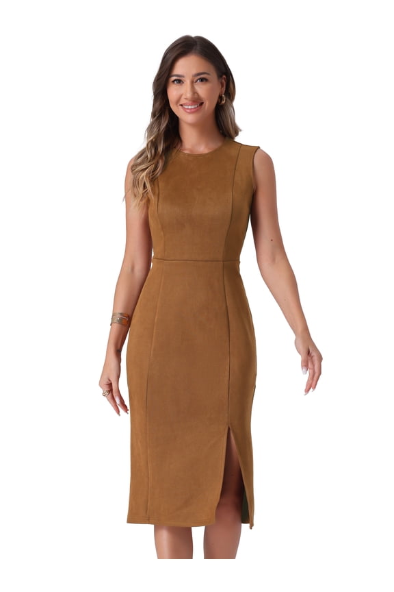 Faux Suede Sleeveless Split Hem Dress XS Brown