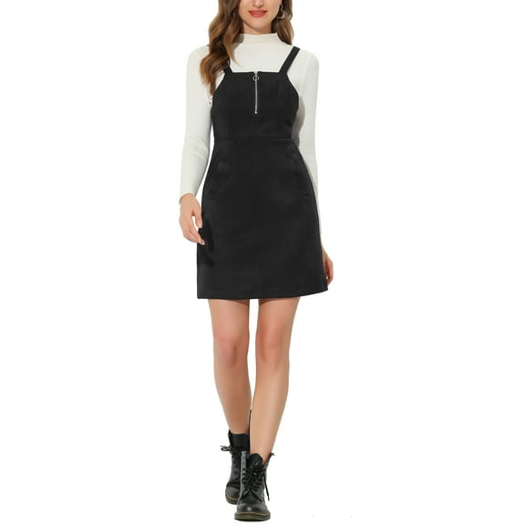 DARING DIVA Faux Suede Solid Zipper Front Pinafore Overall Dress XS Black