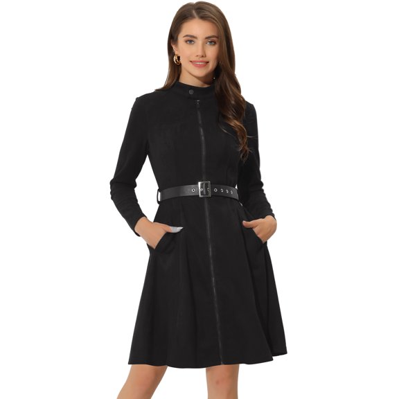 DARING DIVA Faux Suede Stand Collar Zip Up Belted Dress M Black