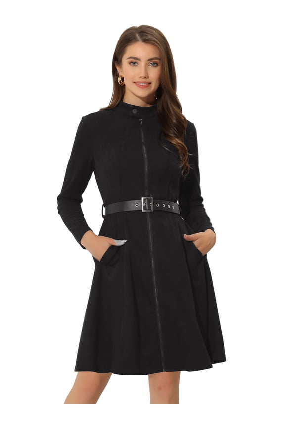 Faux Suede Stand Collar Zip Up Belted Dress M Black