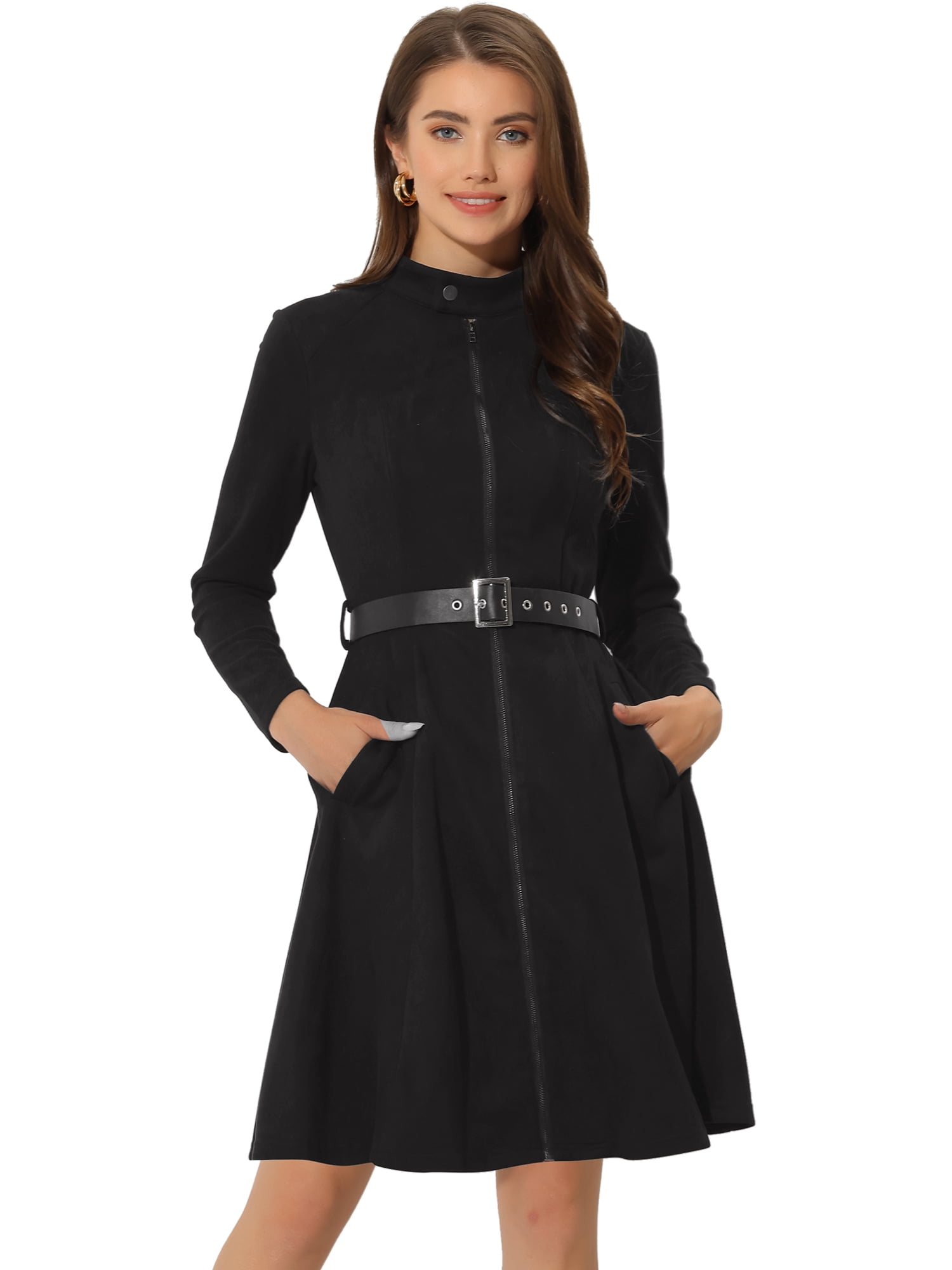 DARING DIVA Faux Suede Stand Collar Zip Up Belted Dress XL Black