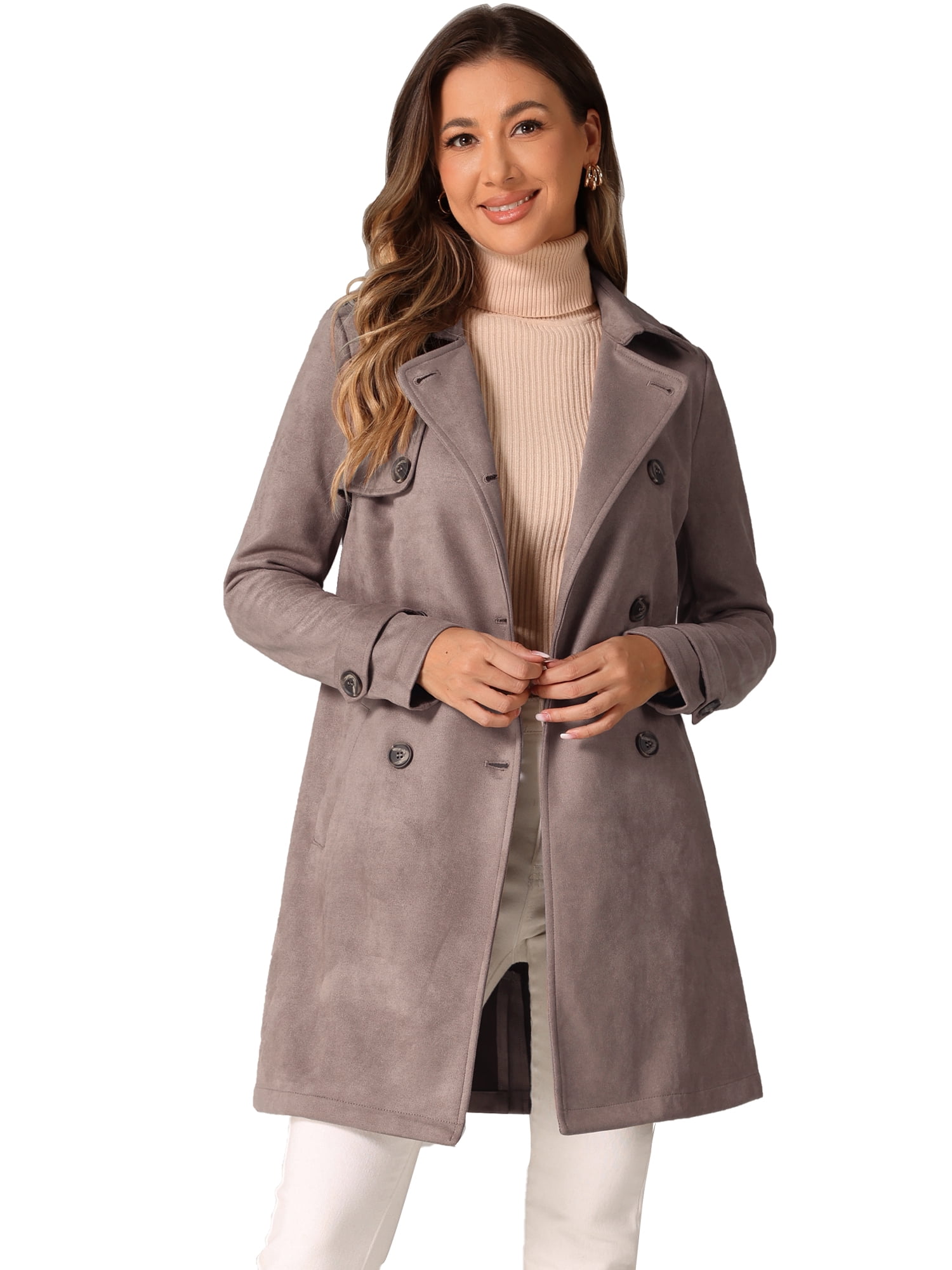 DARING DIVA Faux Suede Trench Coat Notched Lapel Double Breasted Jacket XL Dark Beige