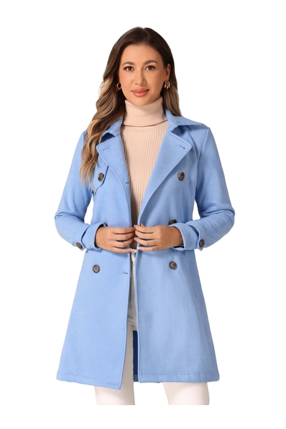 Faux Suede Trench Coat Notched Lapel Double Breasted Jacket XS Sky Blue