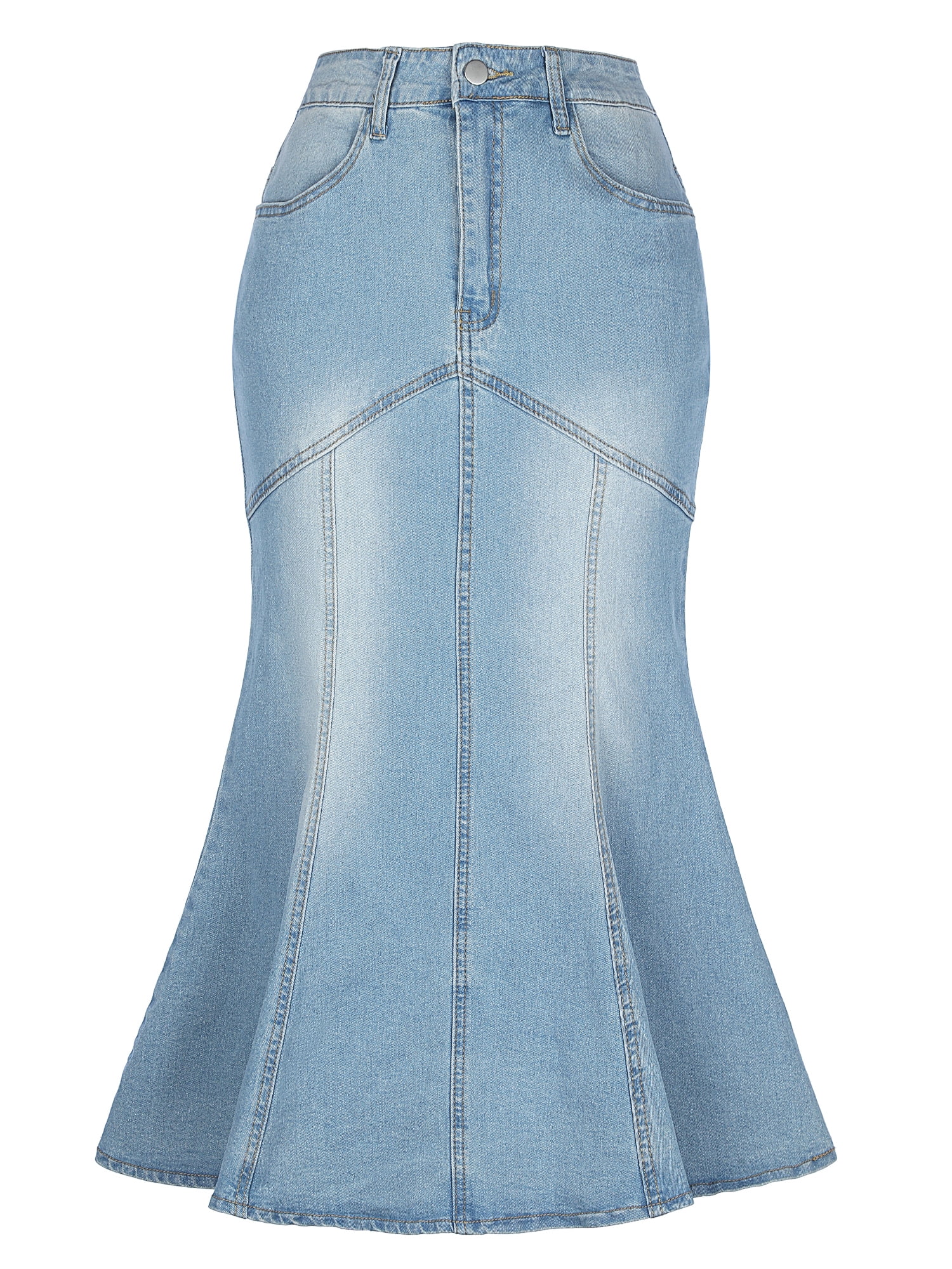 DARING DIVA Fishtail Denim Skirt Women's Washed Midi Jean Bodycon Skirt L Light Blue
