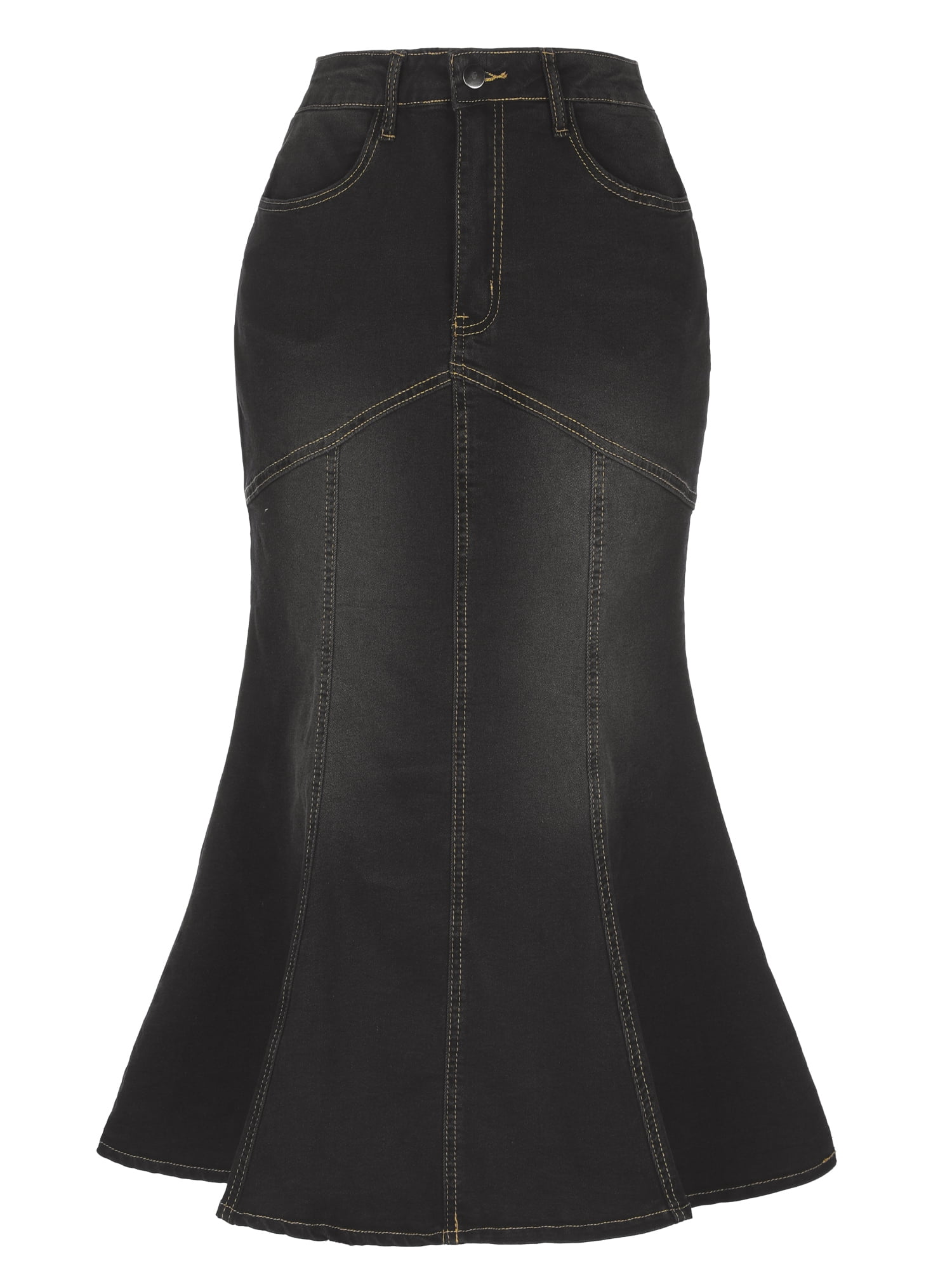 DARING DIVA Fishtail Denim Skirt Women's Washed Midi Jean Bodycon Skirt XL Black