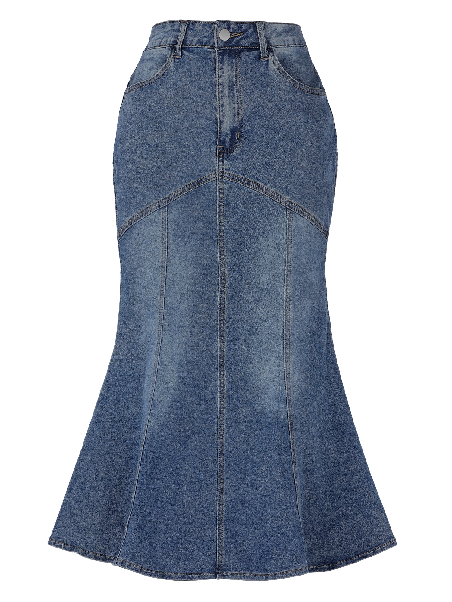 DARING DIVA Fishtail Denim Skirt Women's Washed Midi Jean Bodycon Skirt M Grey Blue