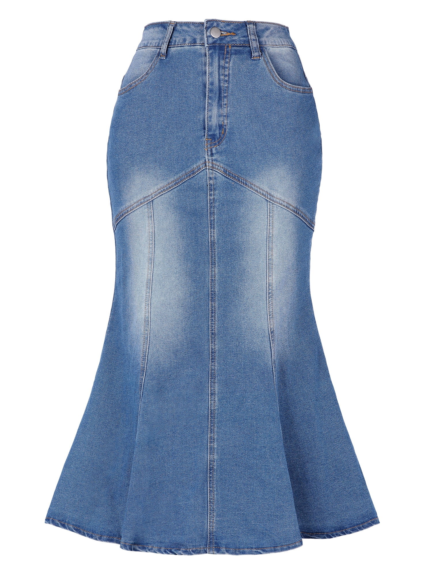 DARING DIVA Fishtail Denim Skirt Women's Washed Midi Jean Bodycon Skirt M Sky Blue