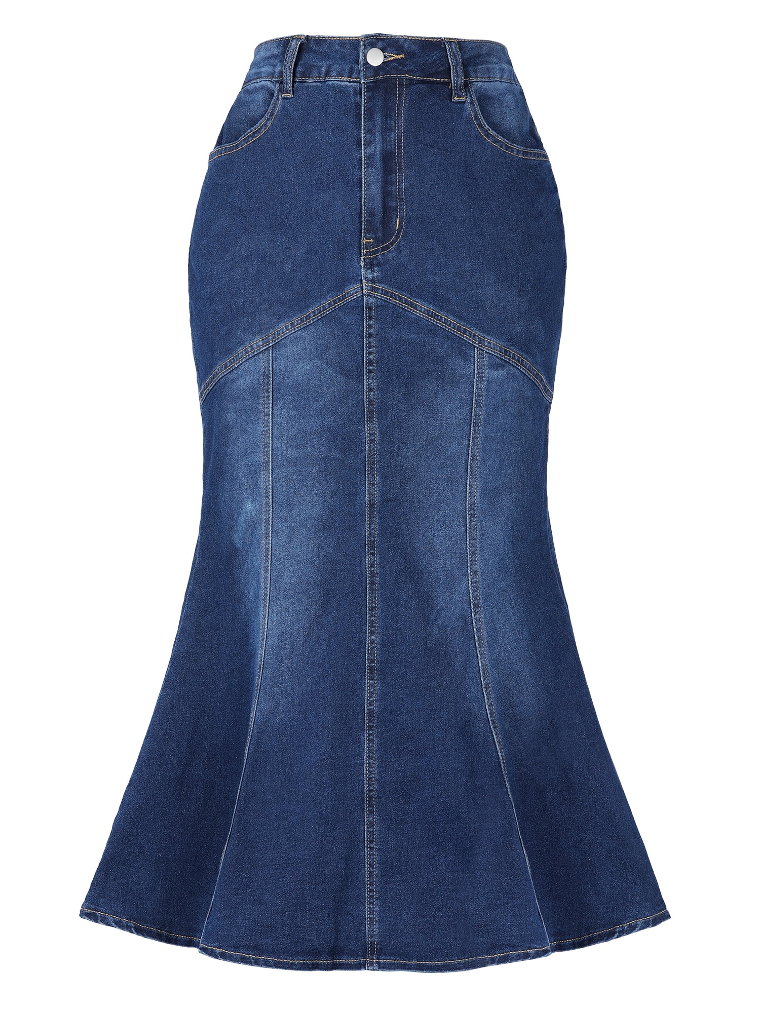 DARING DIVA Fishtail Denim Skirt Women's Washed Midi Jean Bodycon Skirt S Dark Blue