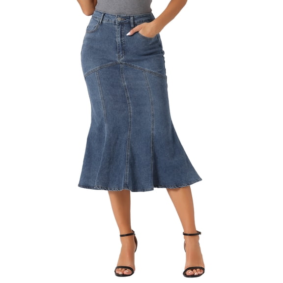 DARING DIVA Fishtail Denim Skirt for Women's Washed Midi Jean Bodycon Skirt XS Grey Blue