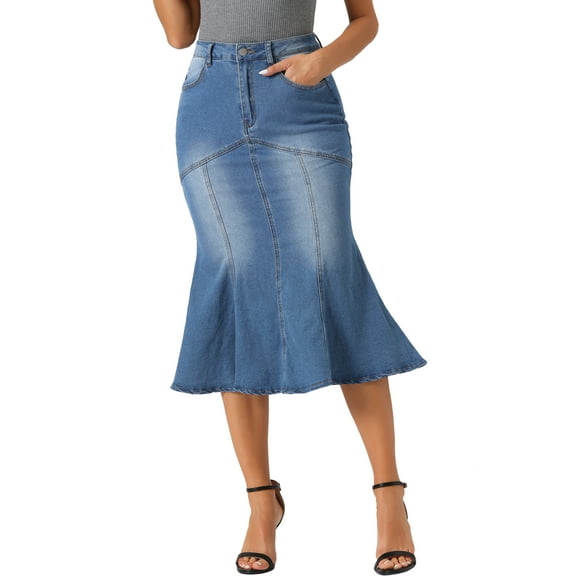 DARING DIVA Fishtail Denim Skirt for Women's Washed Midi Jean Bodycon Skirt XS Sky Blue