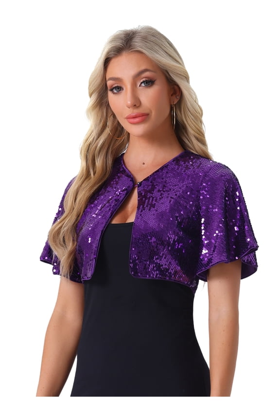 Flared Sleeve Crop Shrug Bolero Glitter Jackets M Purple