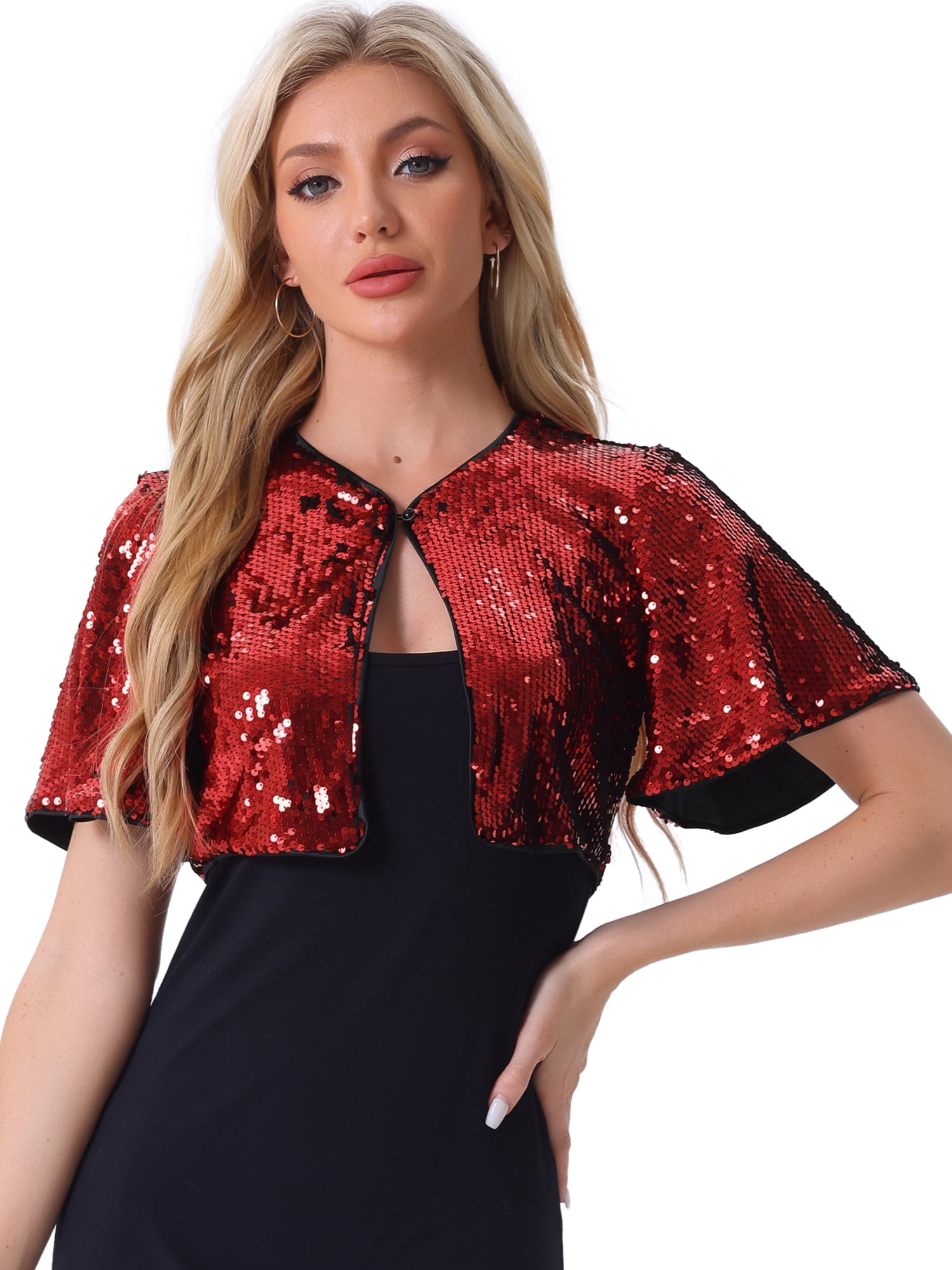 DARING DIVA Flared Sleeve Crop Shrug Bolero Glitter Jackets M Red