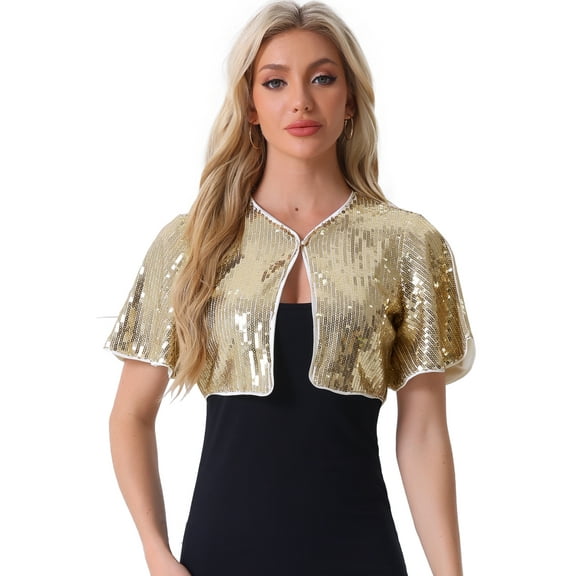 DARING DIVA Flared Sleeve Crop Shrug Bolero Glitter Jackets S Light Gold