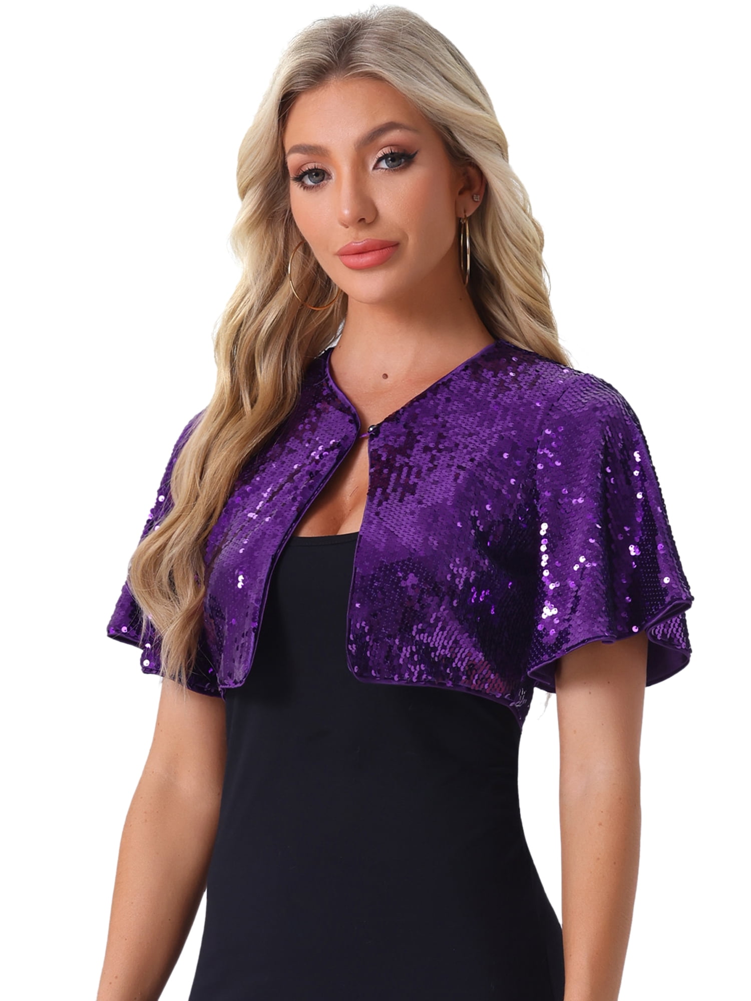 DARING DIVA Flared Sleeve Crop Shrug Bolero Glitter Jackets S Purple
