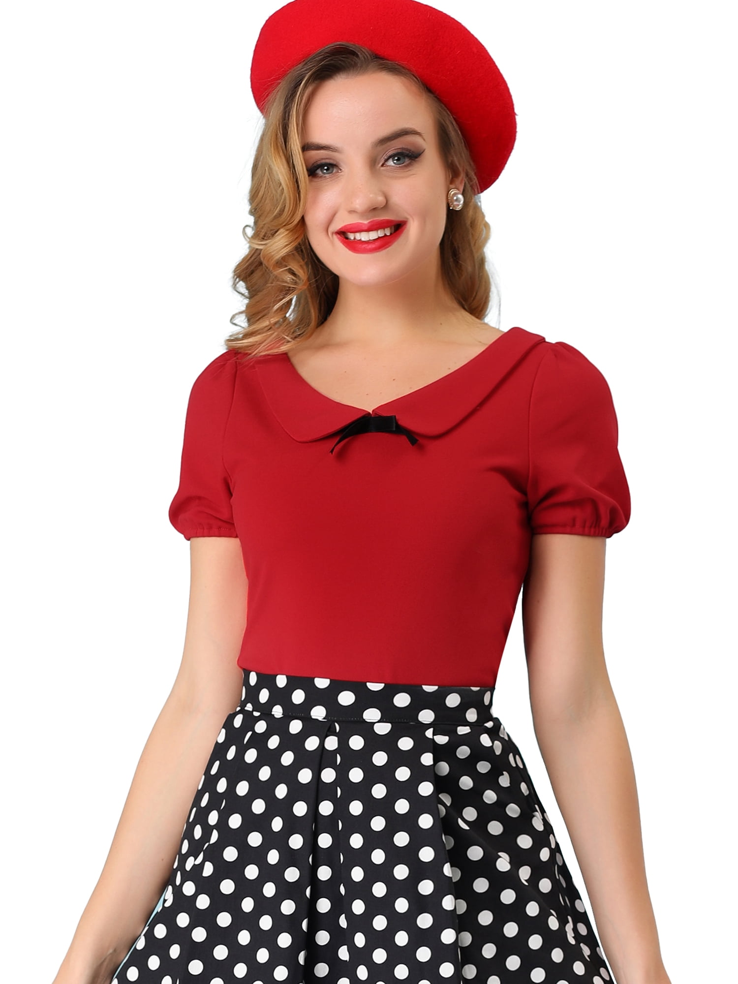 DARING DIVA Flat Collar Elastic Cuff Bow Decor Blouse L Red