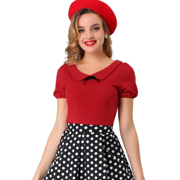 DARING DIVA Flat Collar Elastic Cuff Bow Decor Blouse L Red