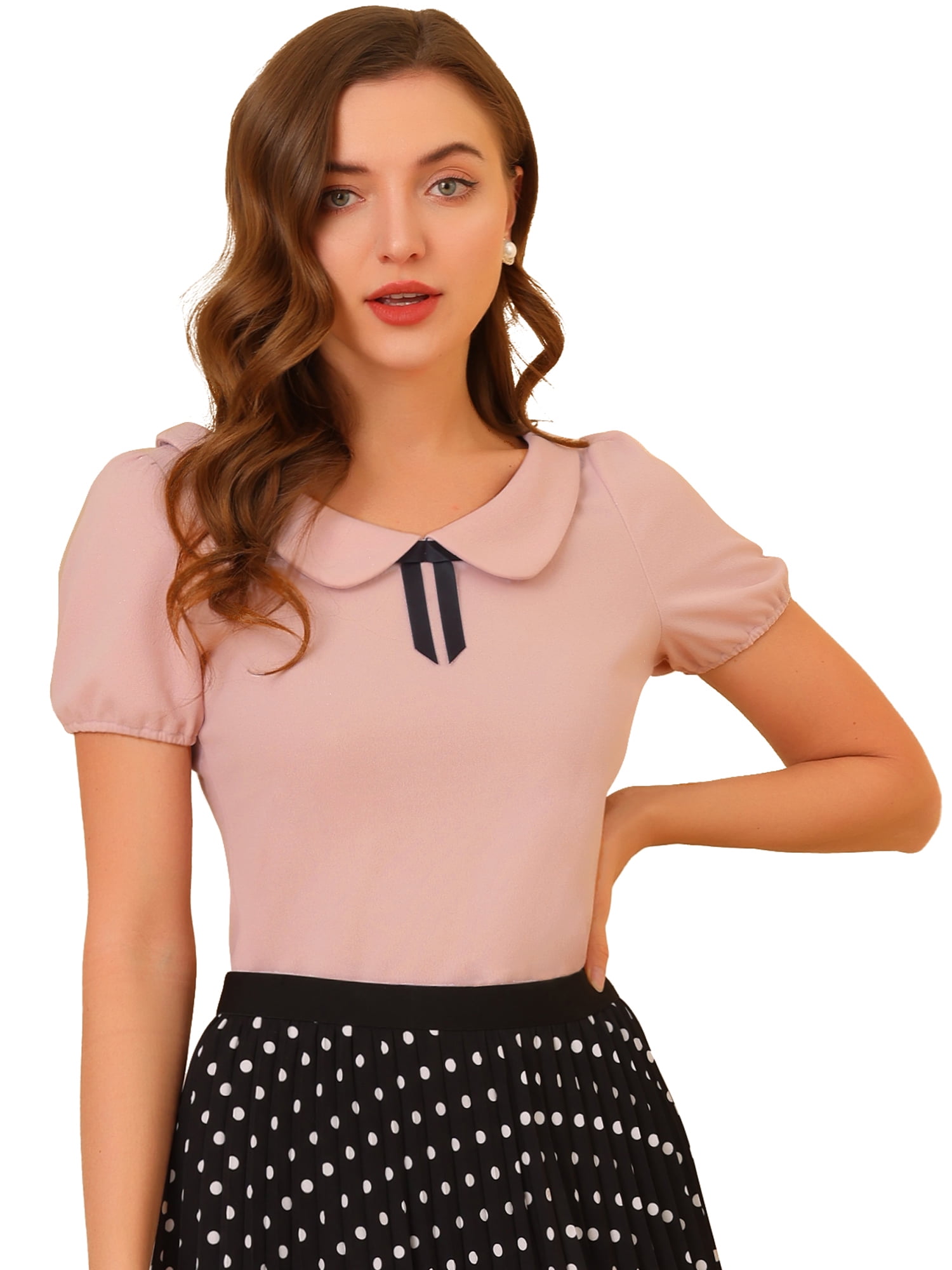 DARING DIVA Flat Collar Elastic Cuff Bow Decor Blouse M Pink