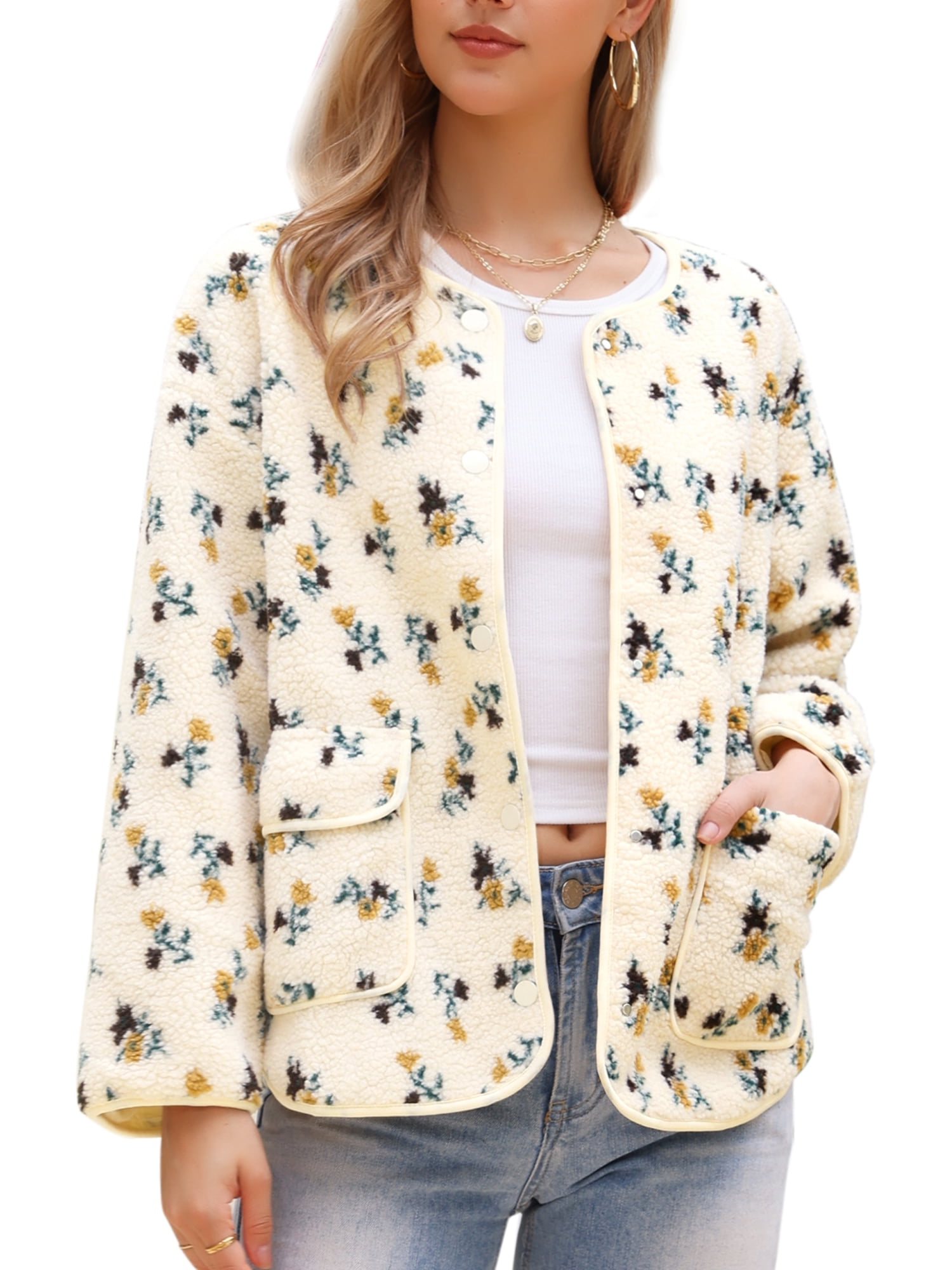 DARING DIVA Fleece Jacket Floral Print Long Sleeve Outwear M Beige