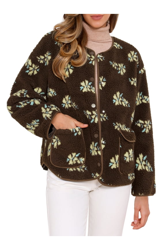 Fleece Jacket Floral Print Long Sleeve Outwear M Brown