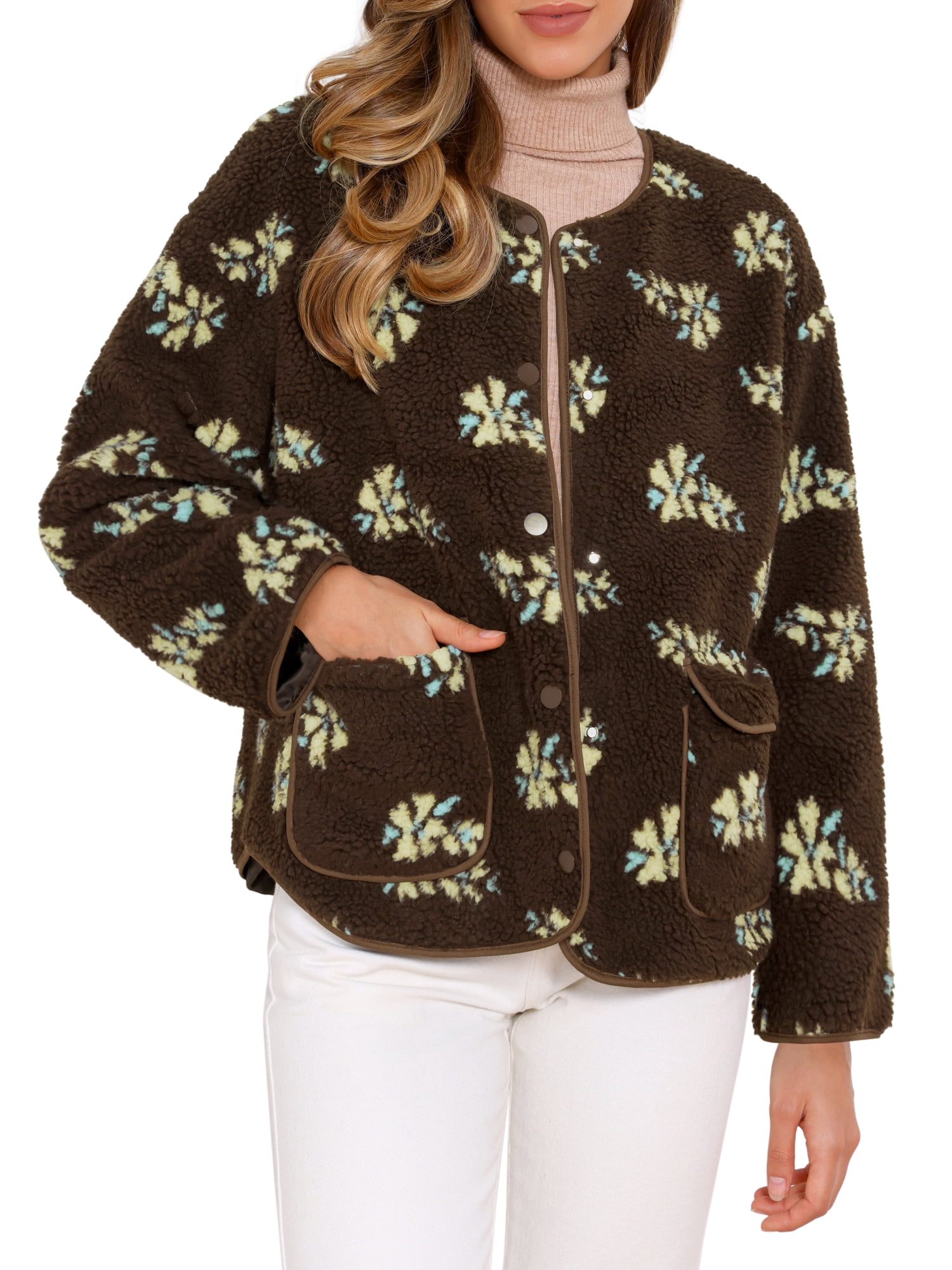 DARING DIVA Fleece Jacket Floral Print Long Sleeve Outwear XS Brown