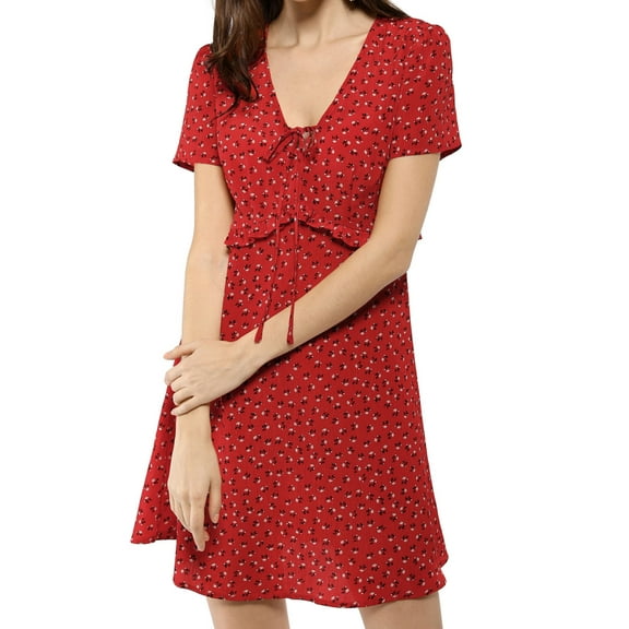 DARING DIVA Floral Bow Tie V Neck Short Sleeve Ruffle Dress M Red