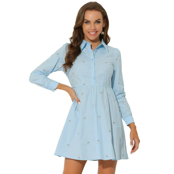 DARING DIVA Floral Button Placket Mini Shirt Dress L Blue