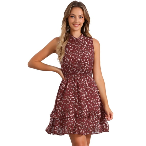 DARING DIVA Floral Chiffon Smocked Waist Ruffled Dress L Burgundy
