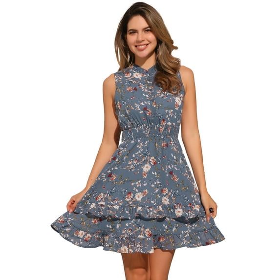 DARING DIVA Floral Chiffon Smocked Waist Ruffled Dress M Gray Blue Flower