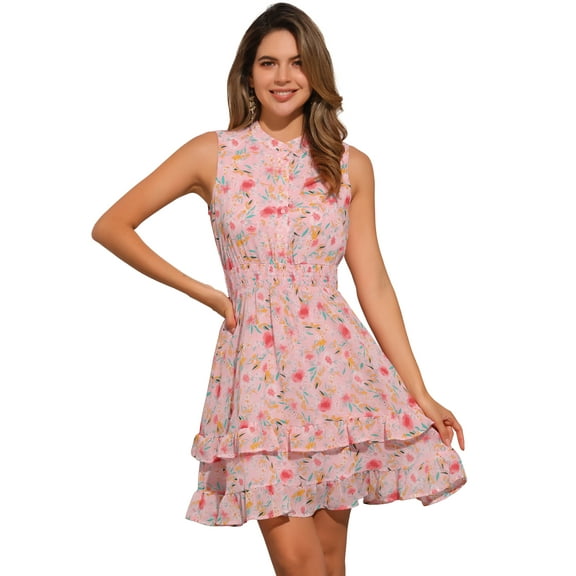 DARING DIVA Floral Chiffon Smocked Waist Ruffled Dress S Pink Flower