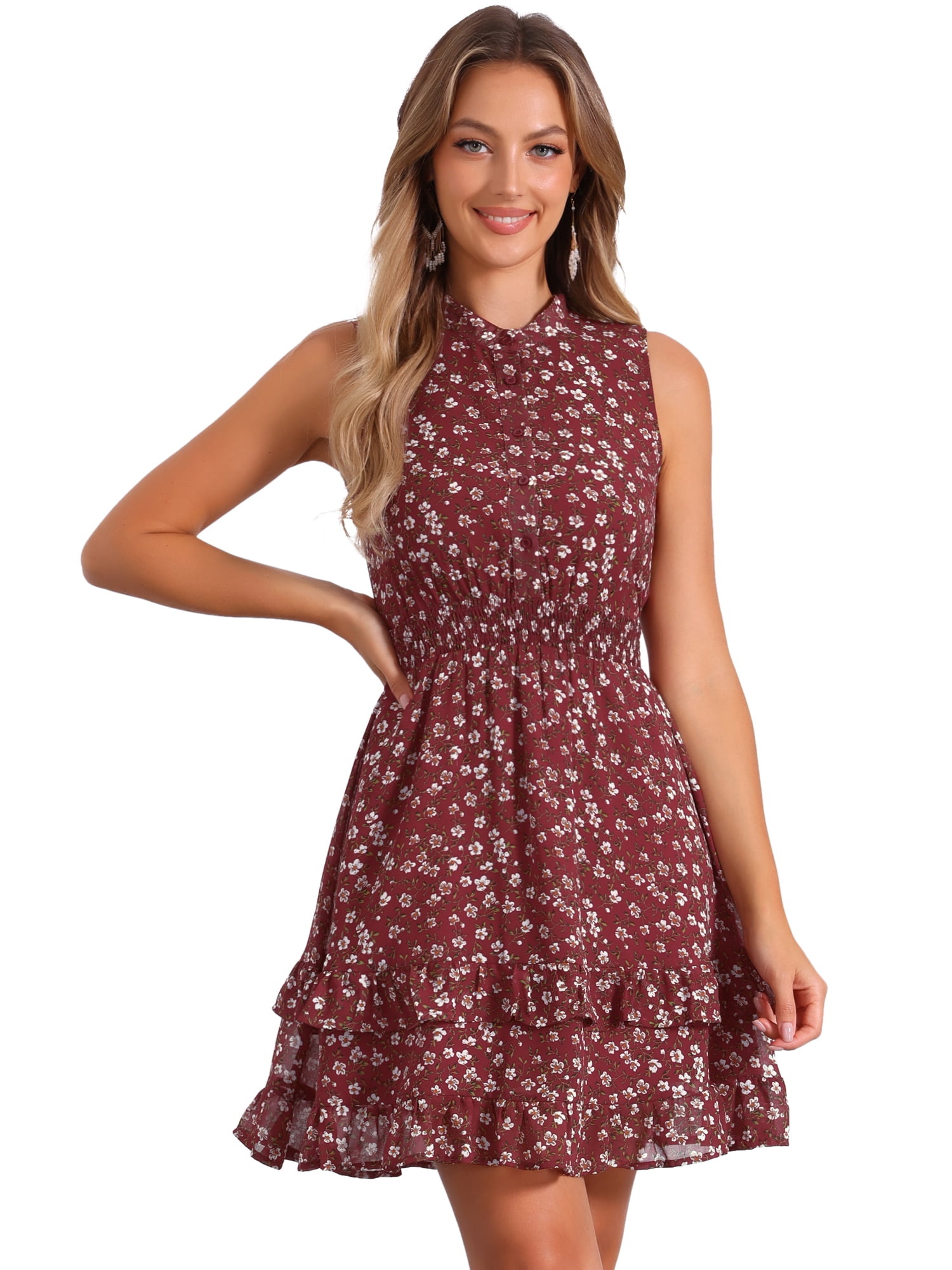 DARING DIVA Floral Chiffon Smocked Waist Ruffled Dress XL Burgundy