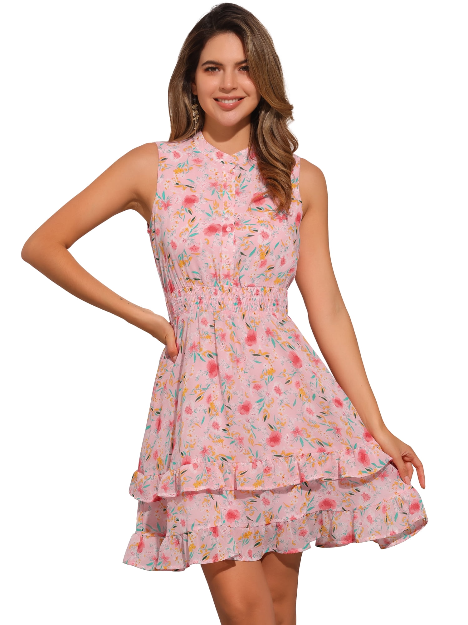 DARING DIVA Floral Chiffon Smocked Waist Ruffled Dress XL Pink Flower
