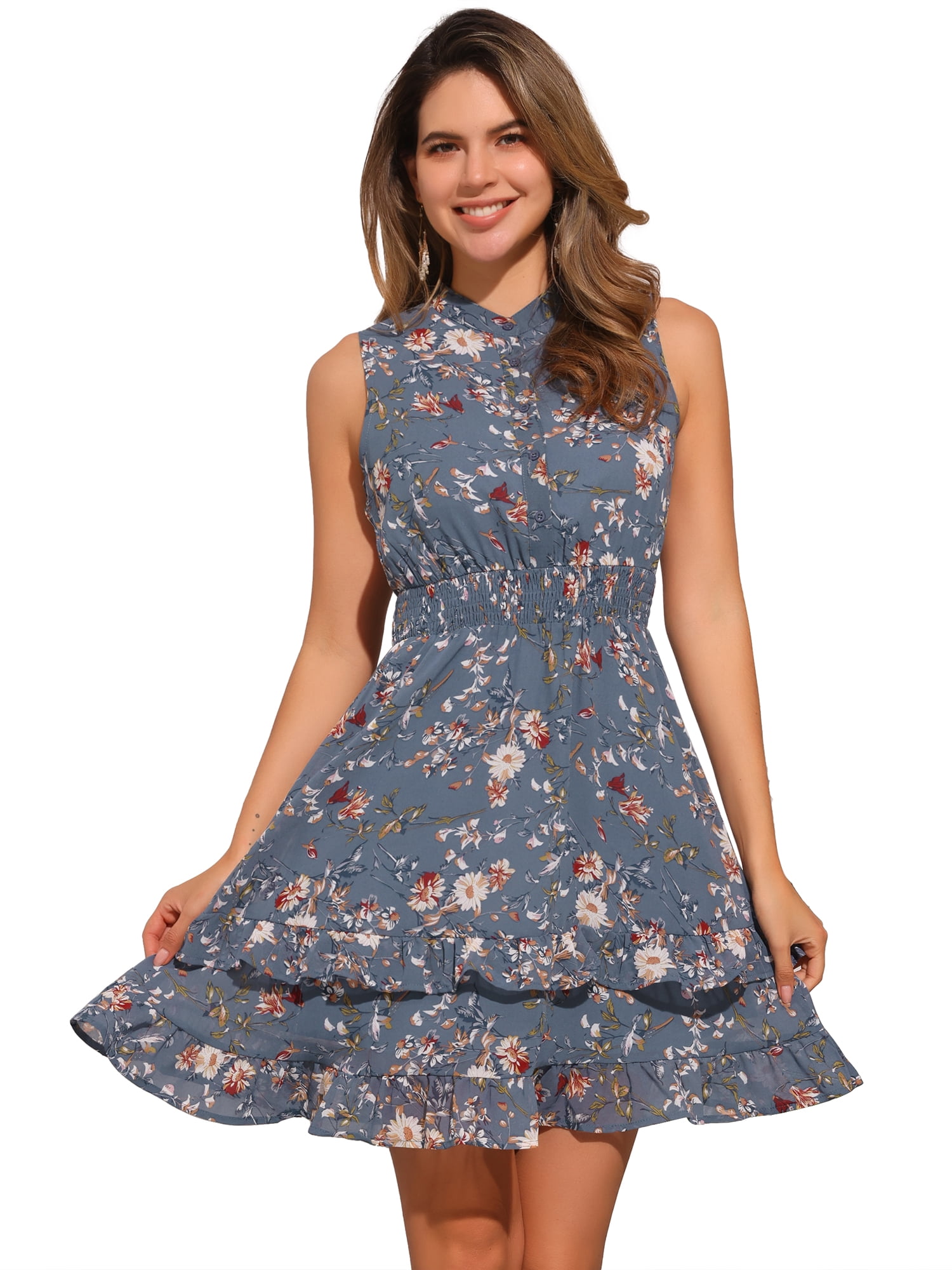 DARING DIVA Women's Floral Chiffon Smocked Mini Sleeveless A-Line Dress XS Gray Blue Flower