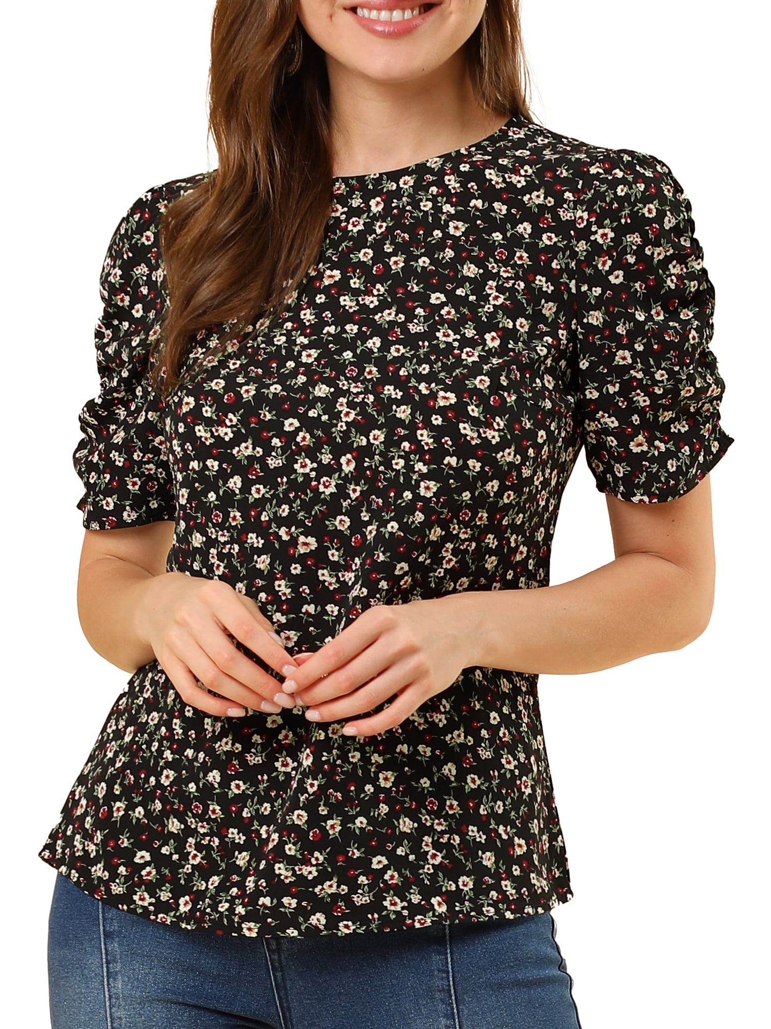 DARING DIVA Floral Crew Neck Shirred Short Sleeve Casual Top L Black Red