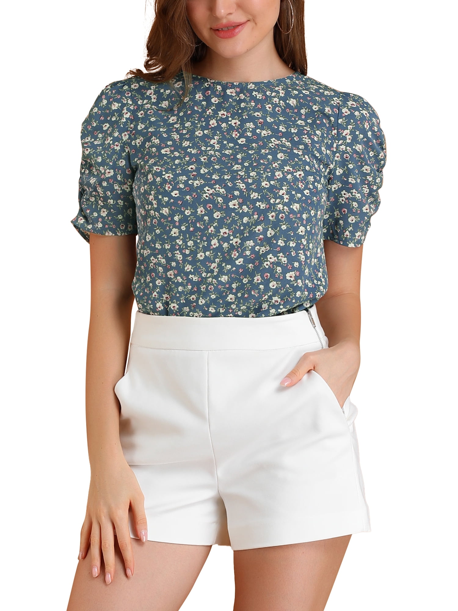 DARING DIVA Floral Crew Neck Shirred Short Sleeve Casual Top L Blue