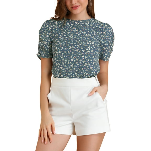 DARING DIVA Floral Crew Neck Shirred Short Sleeve Casual Top L Blue