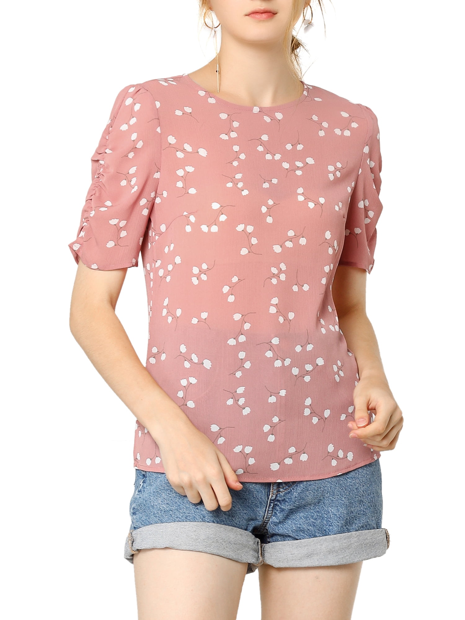 DARING DIVA Floral Crew Neck Shirred Short Sleeve Casual Top L Pink