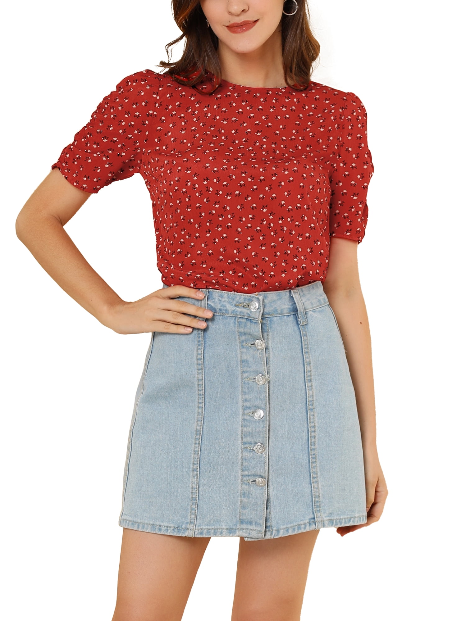 DARING DIVA Floral Crew Neck Shirred Short Sleeve Casual Top L Red