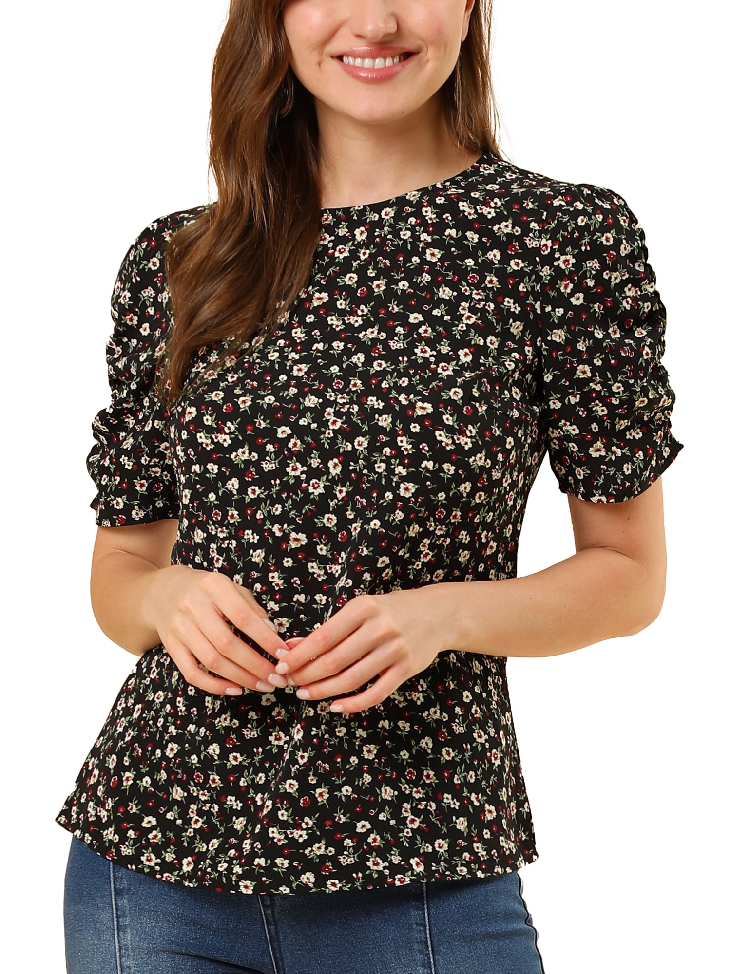 DARING DIVA Floral Crew Neck Shirred Short Sleeve Casual Top M Black Red