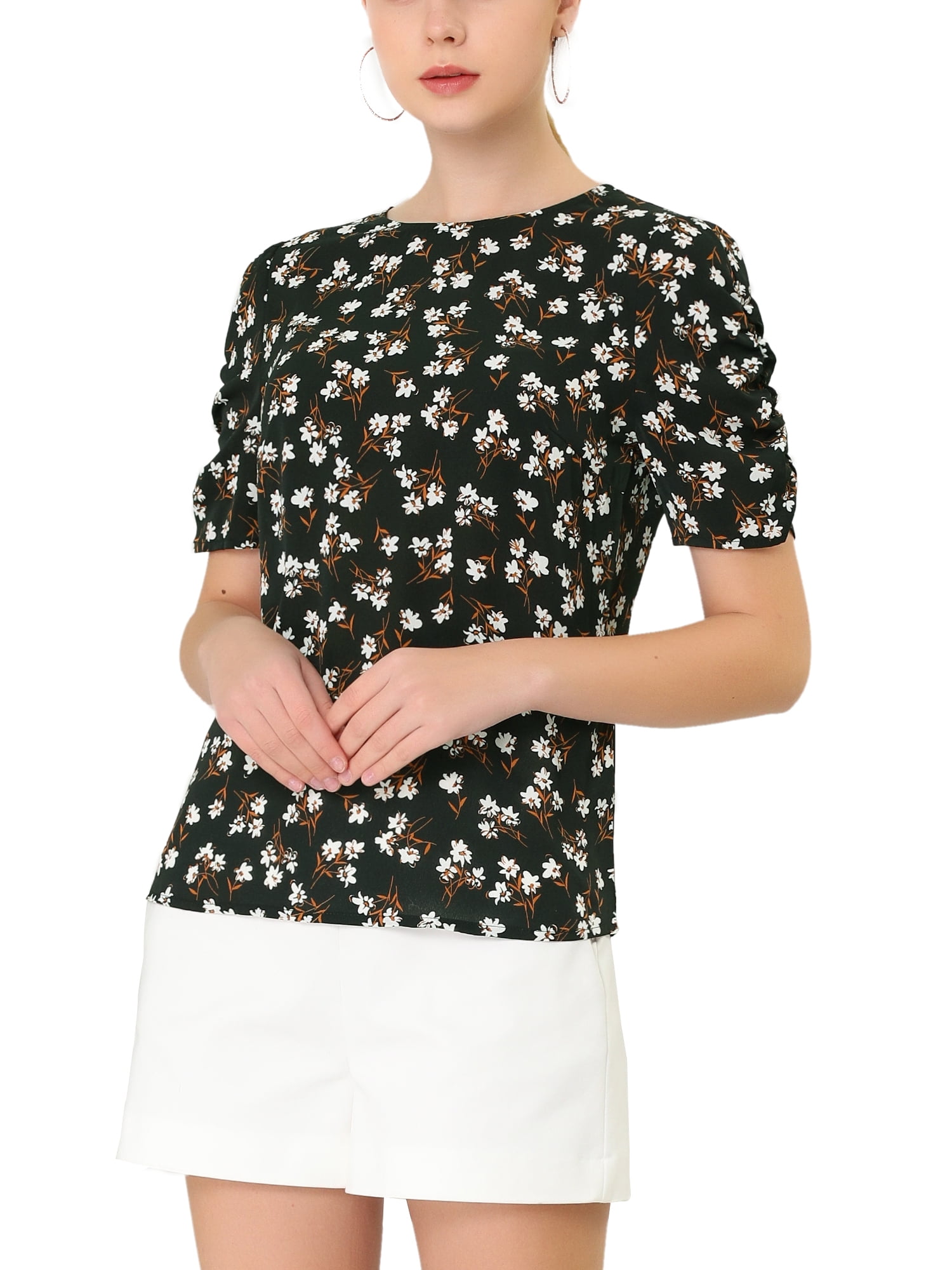 DARING DIVA Floral Crew Neck Shirred Short Sleeve Casual Top M Black