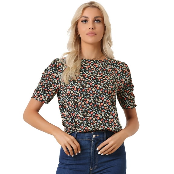 DARING DIVA Floral Crew Neck Shirred Short Sleeve Casual Top S Black Red