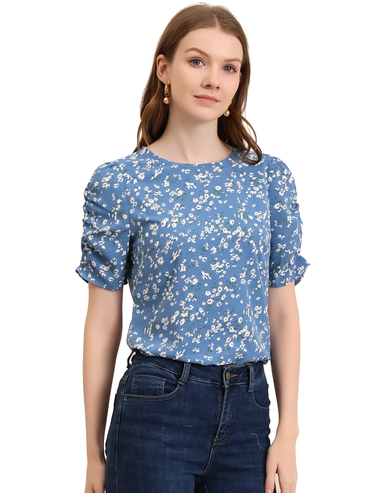 DARING DIVA Floral Crew Neck Shirred Short Sleeve Casual Top S Blue White